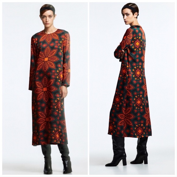 LAST size XL NWT ZARA ROUND NECK PRINTED MIDI DRESS - Picture 7 of 10
